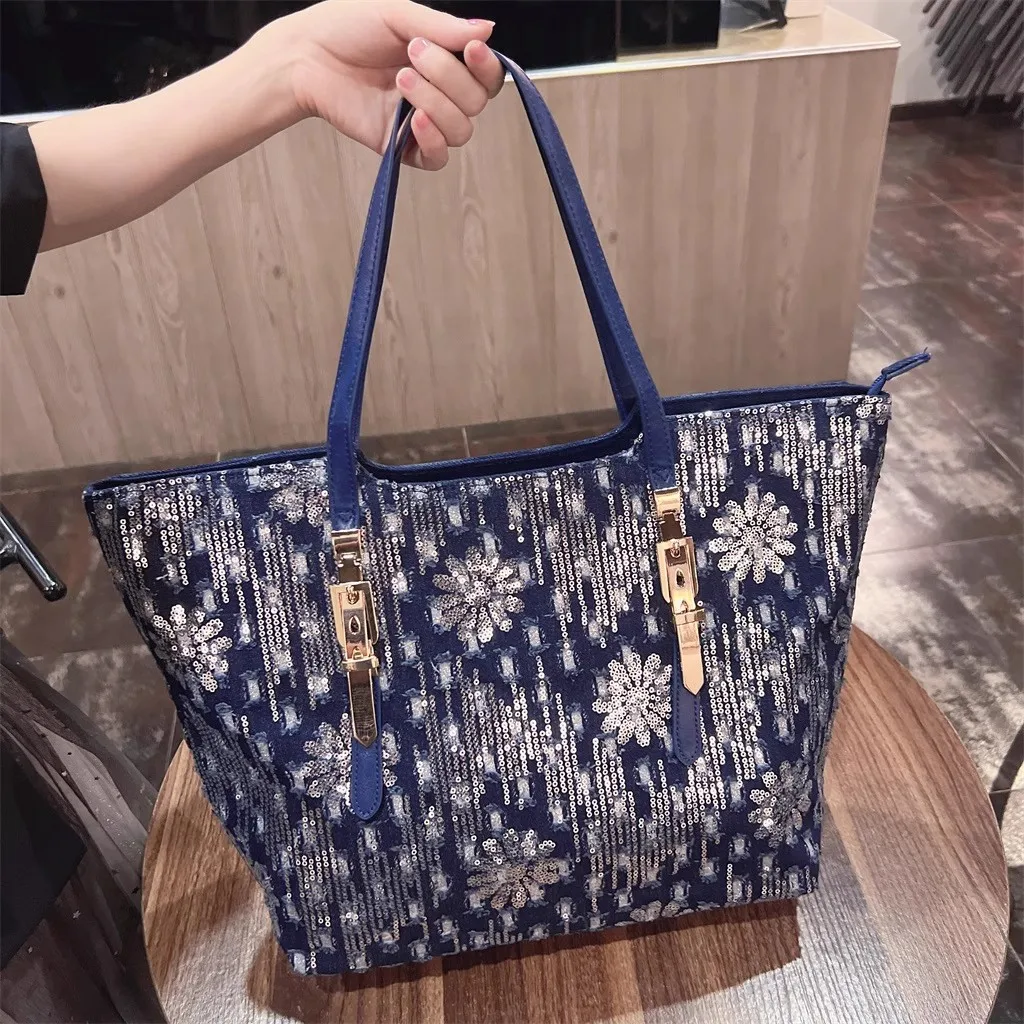 High Quality Glitter Shiny Sequins Bucket Bag Large Capacity Fashion Denim Tote Bag Women's Handbag Female Shoulder Underarm Bag