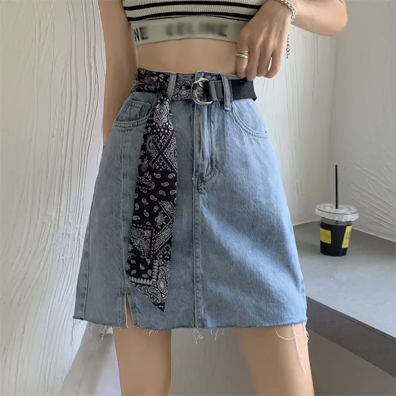 

With Slit High Waist Jeans Skirts for Women Strings Aesthetic Stylish Chic and Elegant Korean Style Casual V Woman Denim Skirt