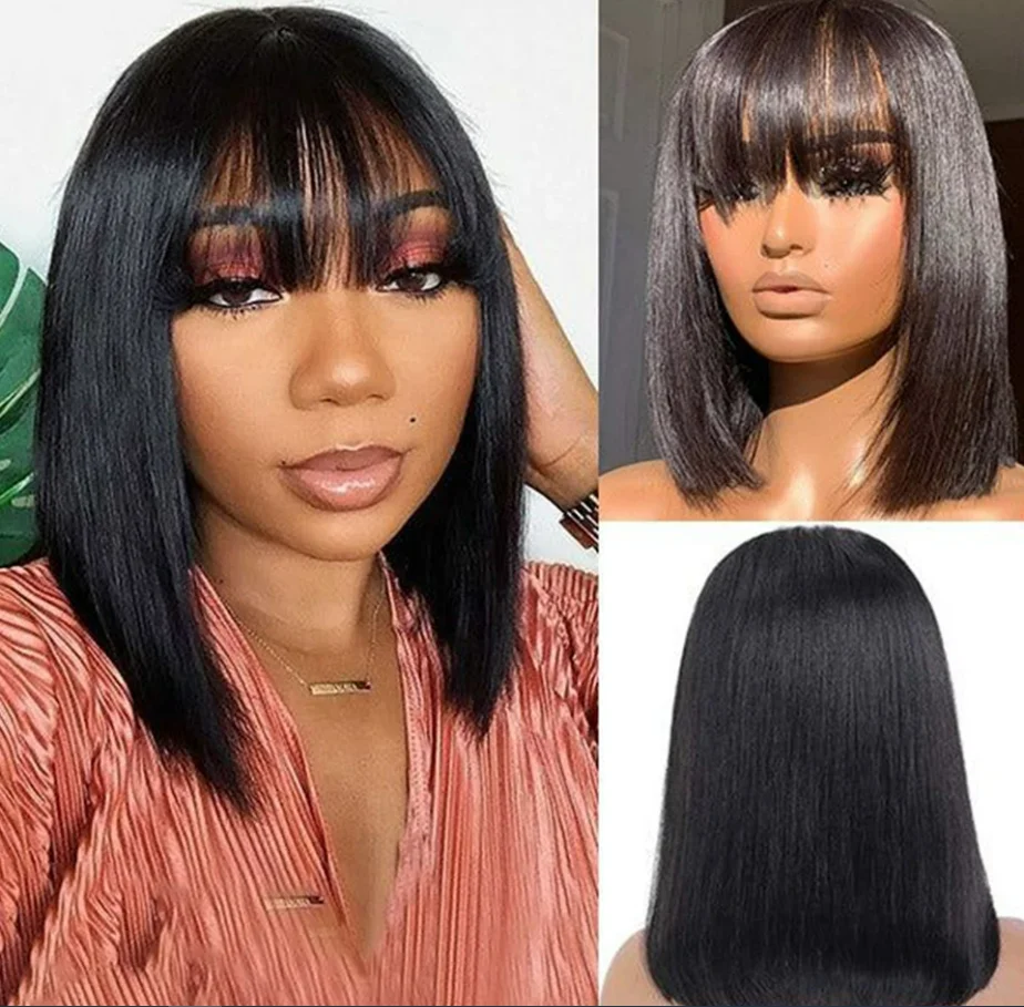 

Brazilian Short Straight Hair Bob Wigs Human Hair Wig With Bangs Remy Full Machine Made Wig for Women Non Lace Glueless Bob Wig