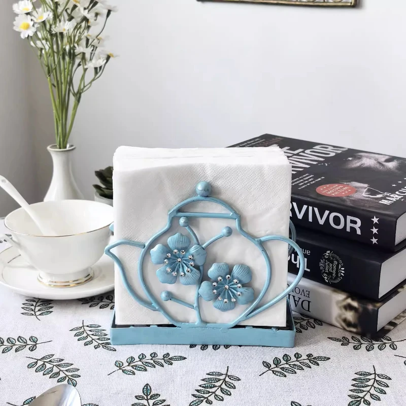 Iron Teapot Shaped Tissue Holder Creative Small Flower Sticky Diamond Flower Center Desktop Upright Paper Towel Holder