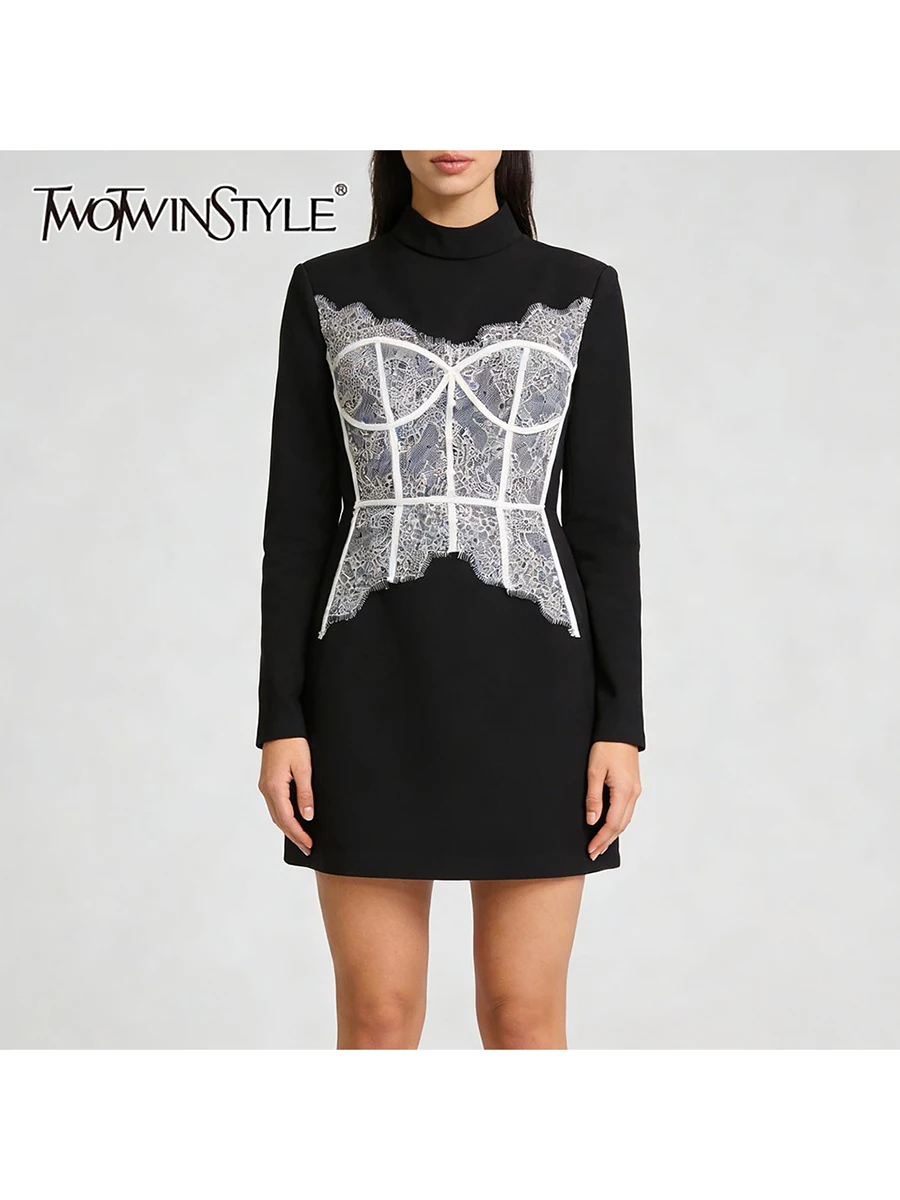 

TWOTWINSTYLE Elegant Slimming Spliced Lace Short Dresses for Women Stand Neck Long Sleeves High Waist Fashion Dress Female New