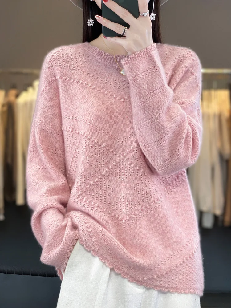 Spring Autumn Women Sweater Long Sleeve Pullover 100% Merino Wool Grace Comfort Knitted Jumper Korean Style Female Clothing