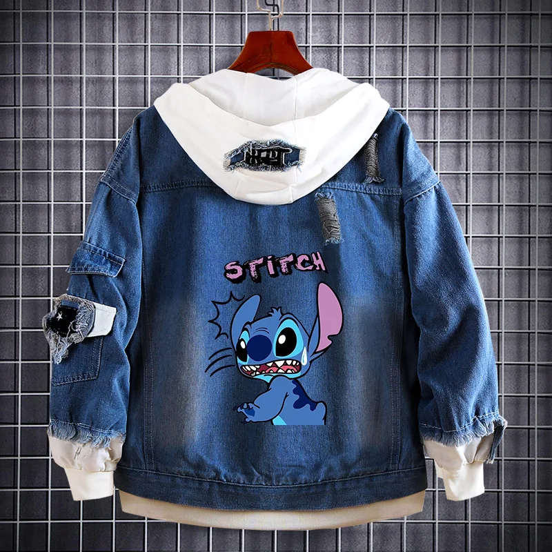 Miniso Hooded Disney Lilo Stitch Denim Coat Cartoon Print Harajuku Couple Jackets Patchwork Button Casual Oversized Coat For Men