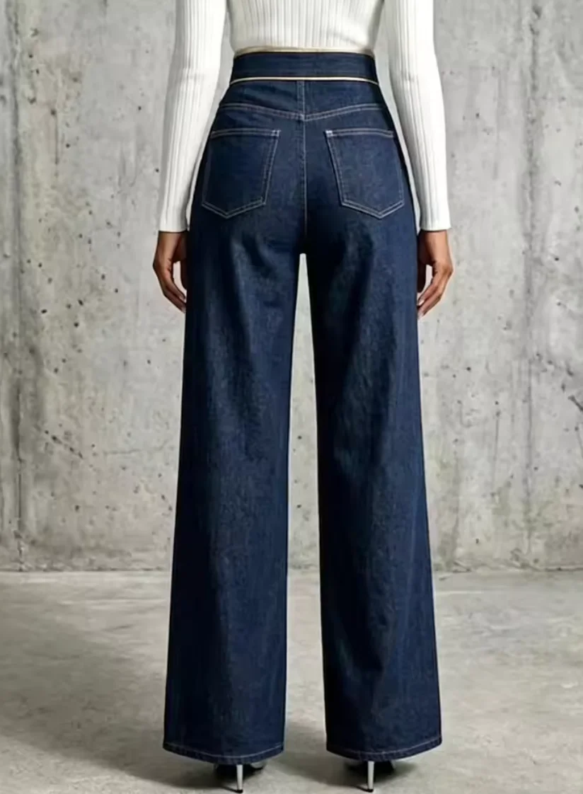 Women's High-Waisted Wide-Leg Jeans with Gold Trim, Front Slit, Metal Buckle Decoration, Long Flared Pants, Elegant Street-Style Trousers