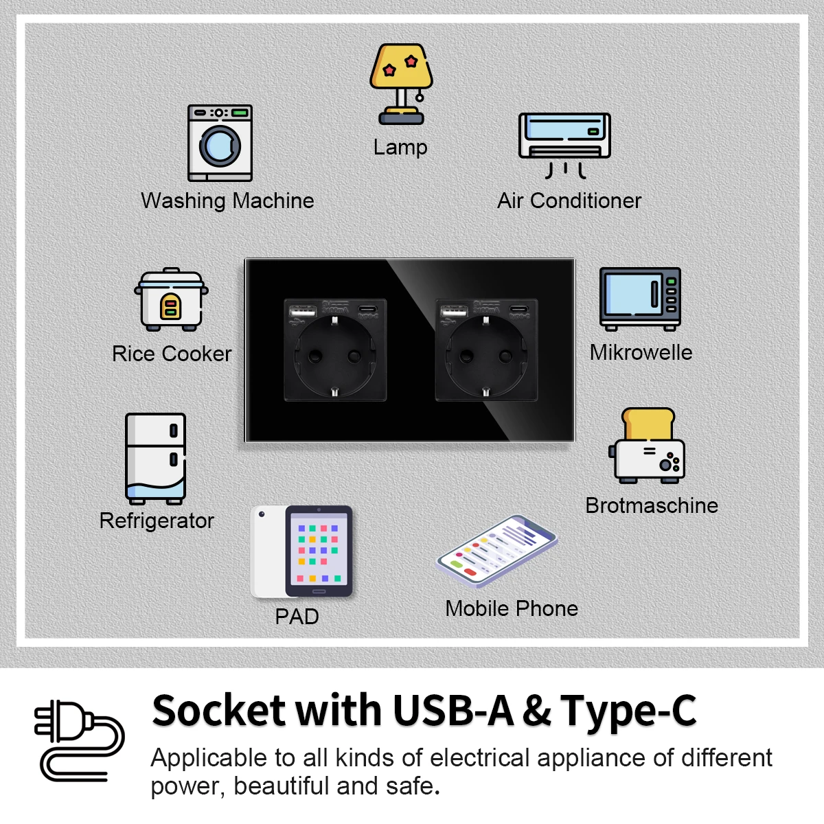 Bingoelec EU Power Socket Electrical Outlets with USB Type-C Phone Fast Charger Port 3.1A 20W Wall Schuko Crystal Glass Panel