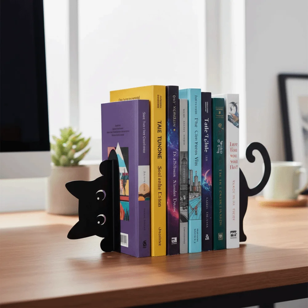 Versatile Metal Bookend Durable Iron Black Metal Cat Bookend Exquisite Creative Sitting Standing Cats Book Holder Home Library