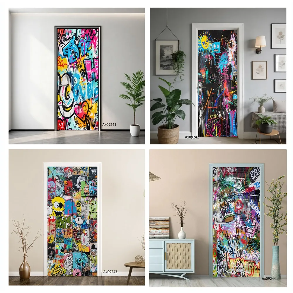 Vibrant Street Art Pop Culture Door Sticker Full Door Covered Wallpaper Self-adhesive Sticker for Wall Decals Home Decoration