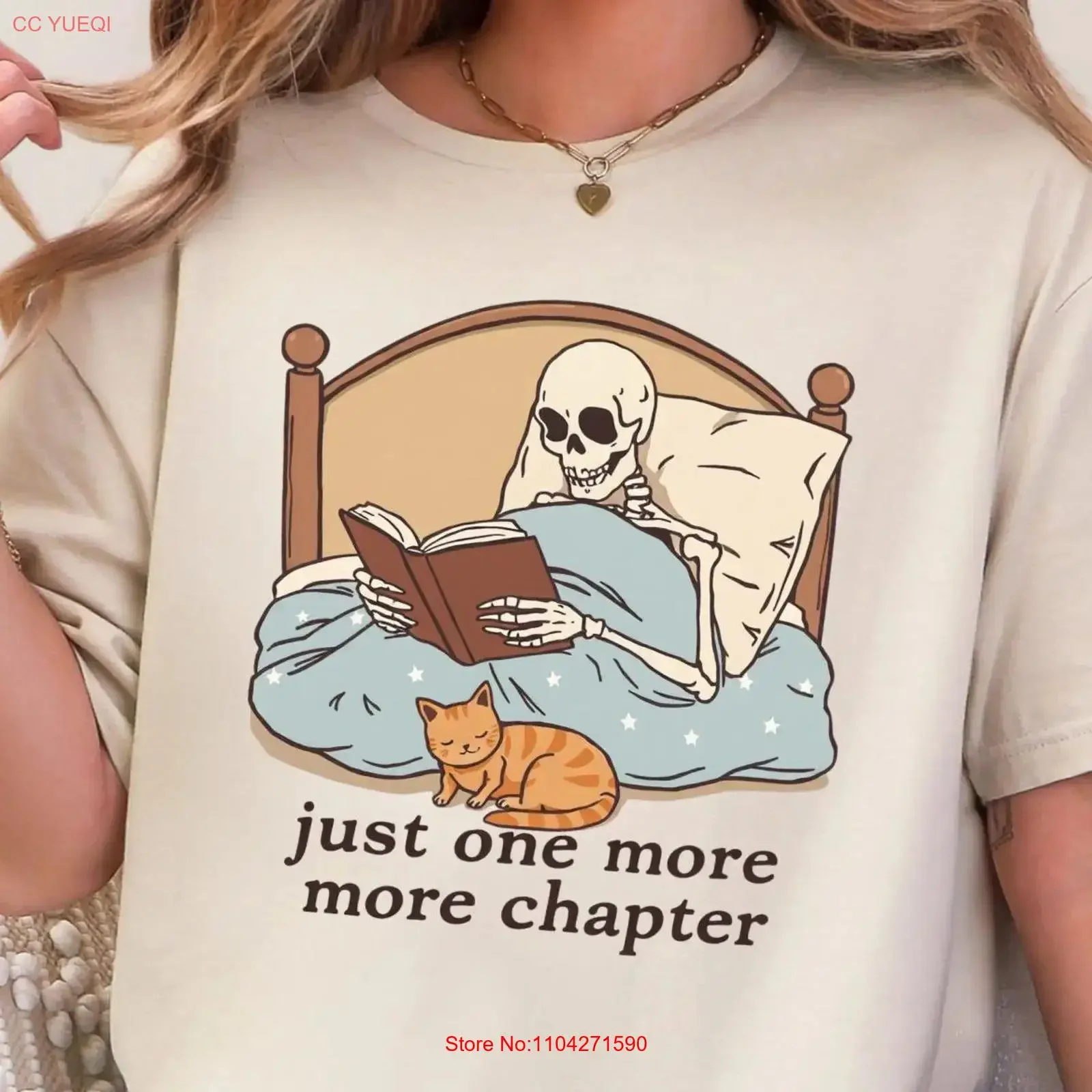 Skeleton Reading Book T Shirt Funny Lover Just One More Chapter Bookworm GifT Orange Cat vintage Washed Stretched graphic