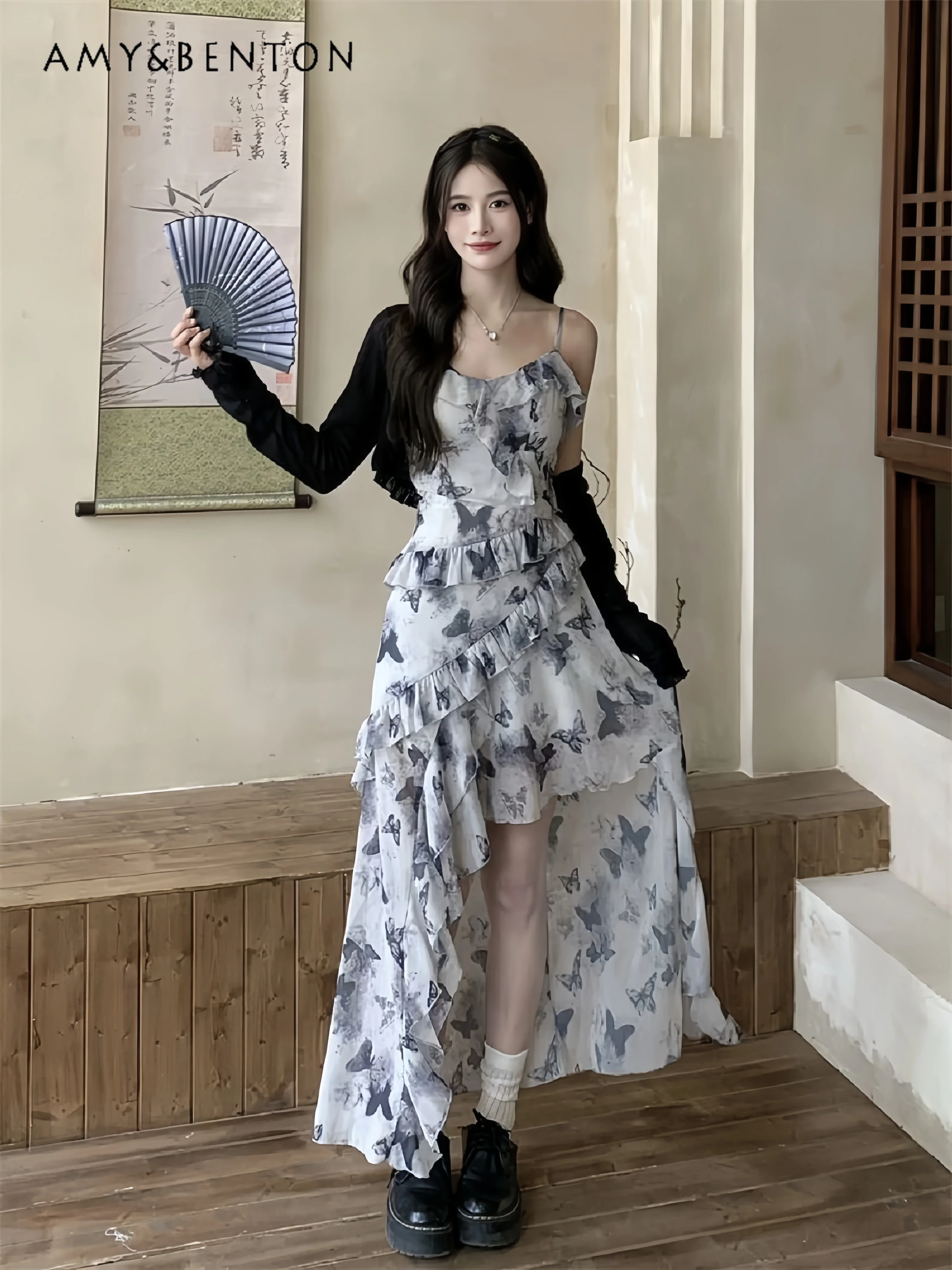 

Summer Butterfly Printing Irregular Suspender Skirt Women's Lotus Leaf Edge Splicing Temperament Dress and Black Cardigan Set