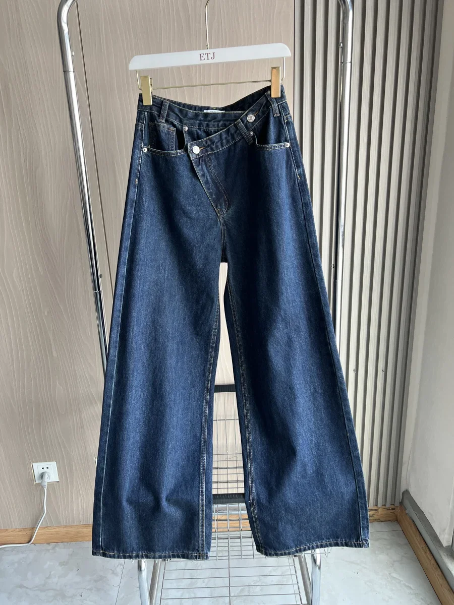 Pop ใหม่ผู้หญิง Basic Classic All-match แฟชั่นเอวสูงเอวกางเกงยีนส์ขากว้างหญิง