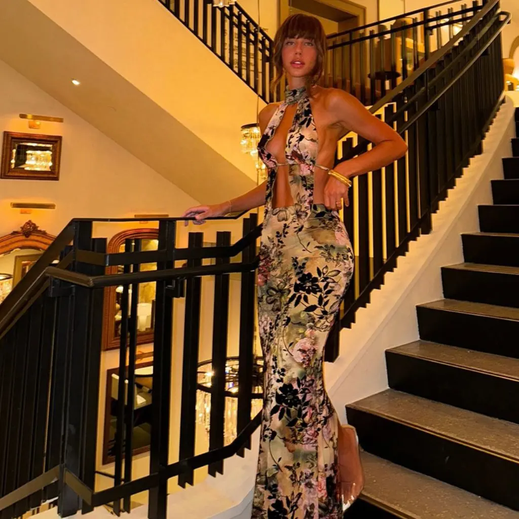 

Spring New Women's Sexy Backless Neck Top with Slim Hip Skirt Set European And American Style Fashion