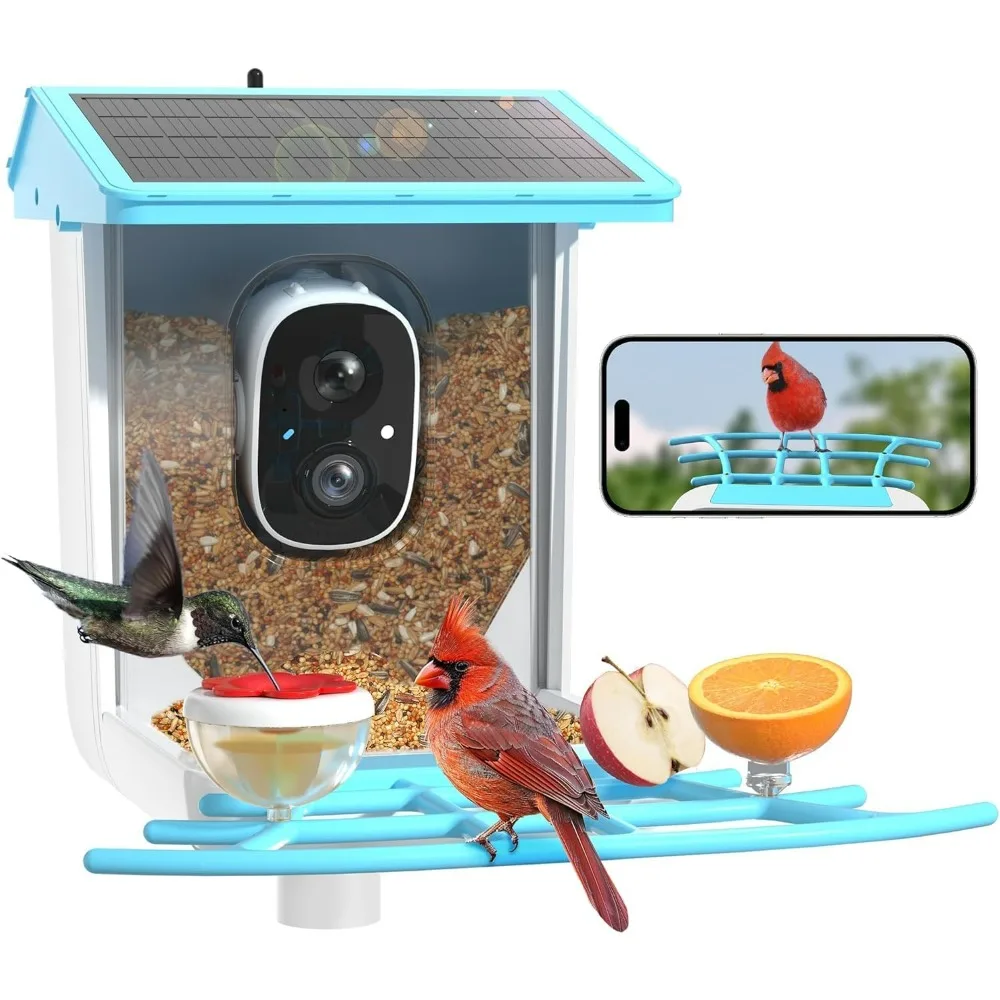 Solar Bird Feeder with Camera, 1296P HD AI Identify Smart Bird Feeder Outdoor Camera Wireless Wild Bird Feeder