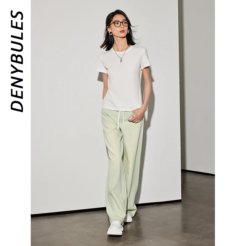 DENYBULES Modal Tencel Fashion Drawstring Loose Solid Color Women's Pants High Waist Pockets Draped Denim Drag Pants