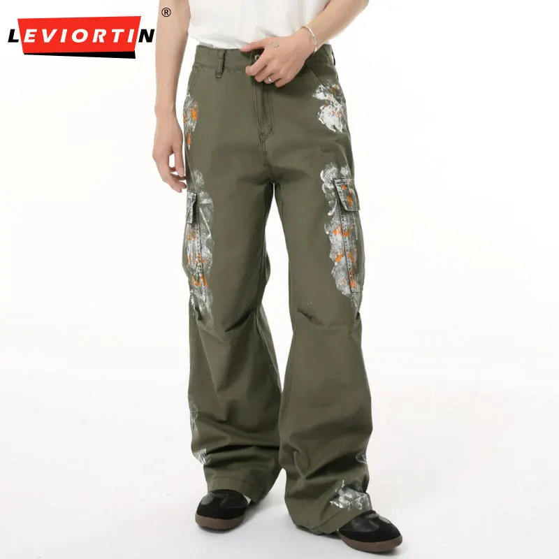 

Four Seasons Men's Wear American Retro Heavy duty Paint distressed Multi pocket workwear Straight tube Loose and Versatile Jeans