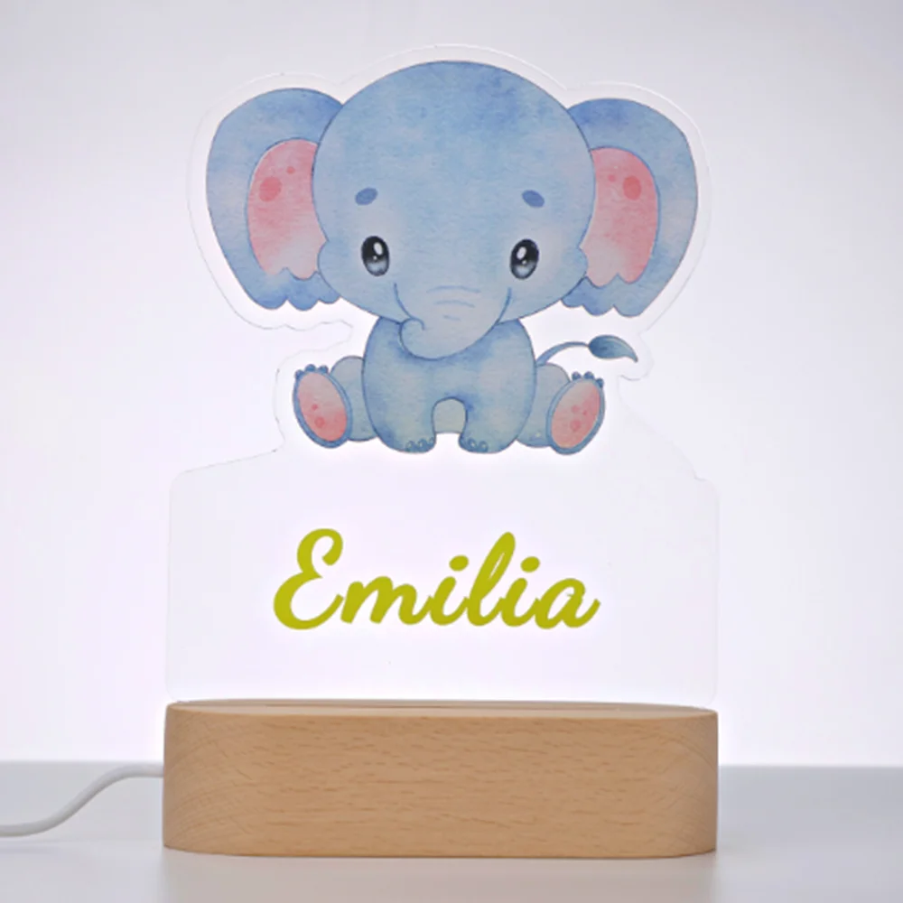 Personalized Baby Cute Animal Elephant Lion LED USB 7 Colors Baby Night Light Custom Name Acrylic Lamp For Kids Children Bedroom