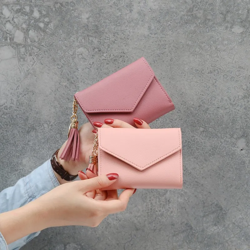 

Women'S Wallet Short Zipper Small Wallet Tassel Mini Coin Purse Female Clutch Card Holder Pink Mini Money Bag