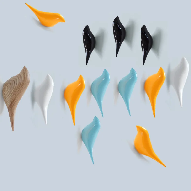 Creative Wall Mounted 3D Bird Shape Clothes Hooks Home Deco Resin Wood Hangers Coat Bag Holders Towel Racks Bathroom Hardware