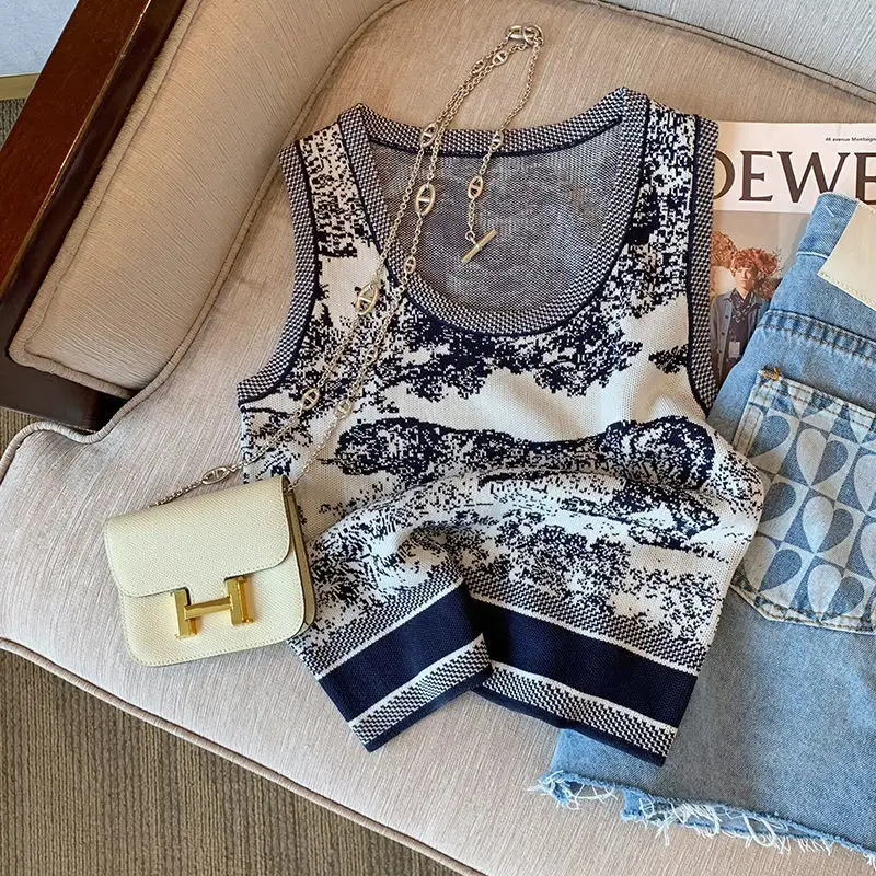 

Летние трикотажные изделия, модные жаккардовые майки с круглым вырезом, женские тонкие винтажные эластичные топы без рукавов высокого качества