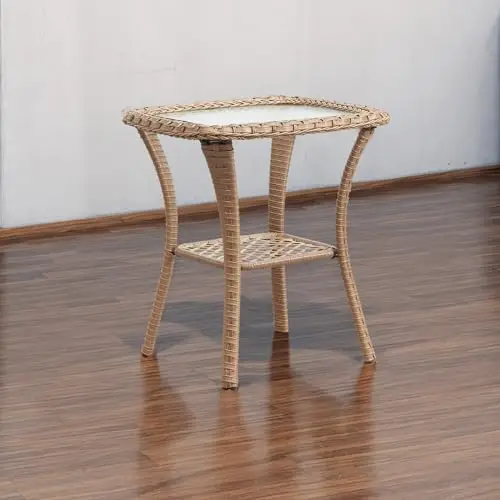 Patio Tables Wicker Side Table - Rattan Coffee Tables with Glass Top End Table for Outdoor Outside Patio Porch Square