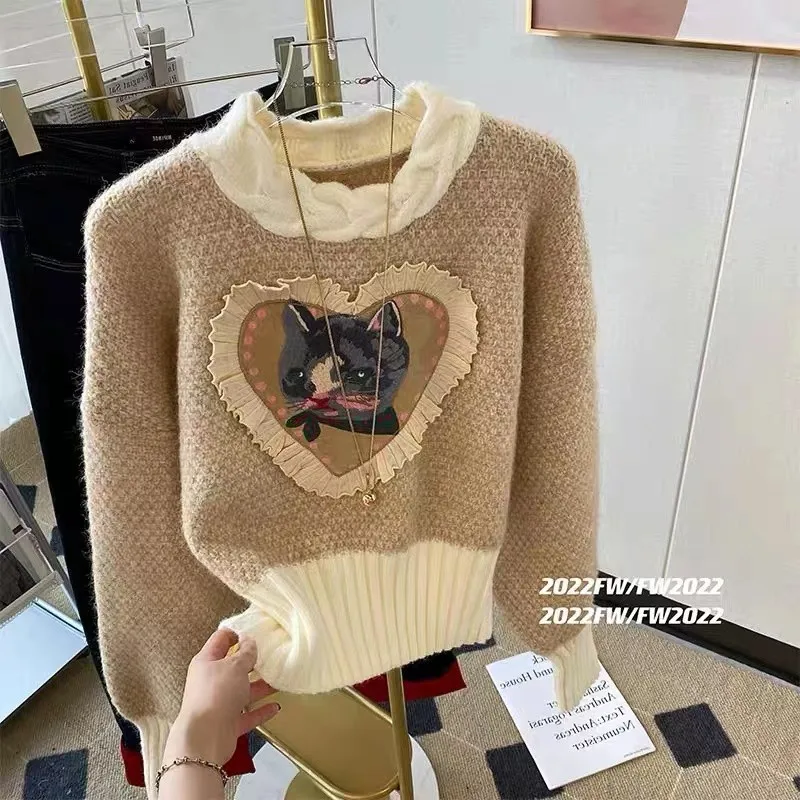 Cartoon Embroidery Women Sweater Stylish Fashion Kawaii Chic Pullover Top Autumn Winter Long Sleeve O-neck Jumpers Femme 2022