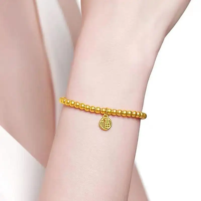 Antique gold crafts elastic rope bracelet classic chinese style circular Fu character bracelets for women  exquisite jewelry