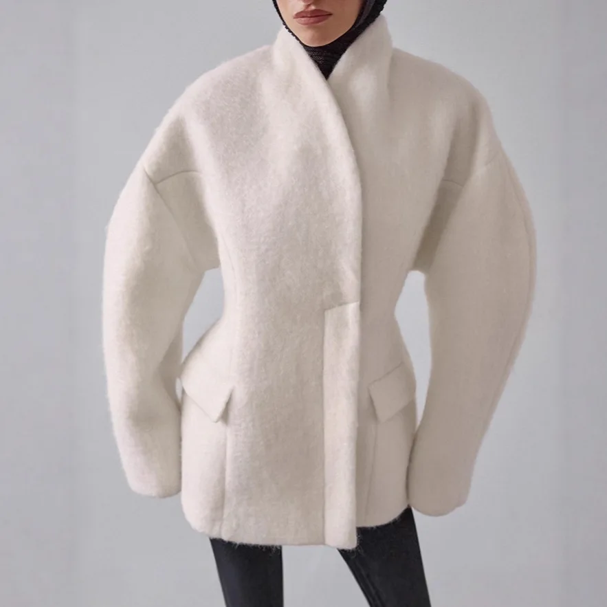 Leg Mutton Sleeve Stand Collar Waist Cinched Wool Coat Faux Cashmere Women Jacket Outerwear Flap Pockets Chic Office Warm