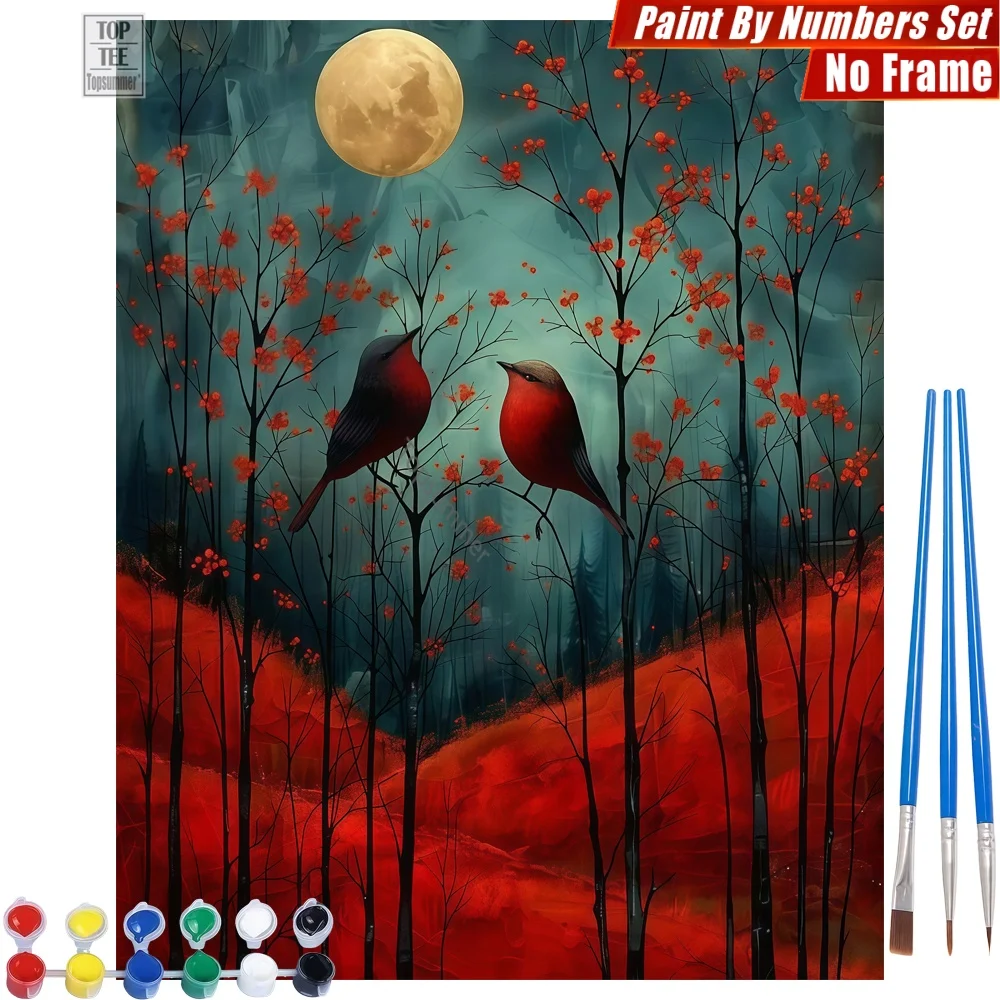 

Red Birds Moon DIY Digital Oil Painting Set - Birds Flowers Night Wall Art Home Decor Halloween Gift For Dad