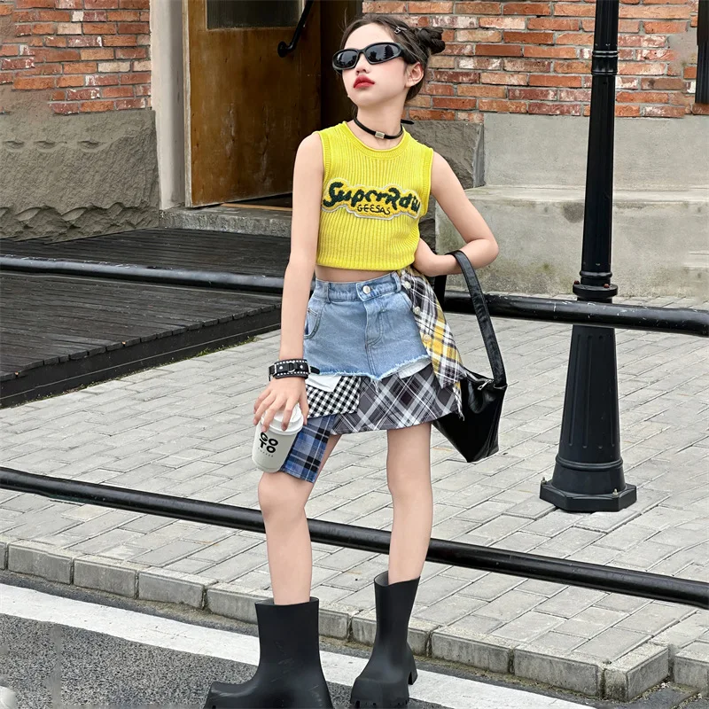 4-14 kids girls denim patchwork plaid divided skirt shorts enfant fille teenage girls clothes yellow embroidery Sleeveless tops