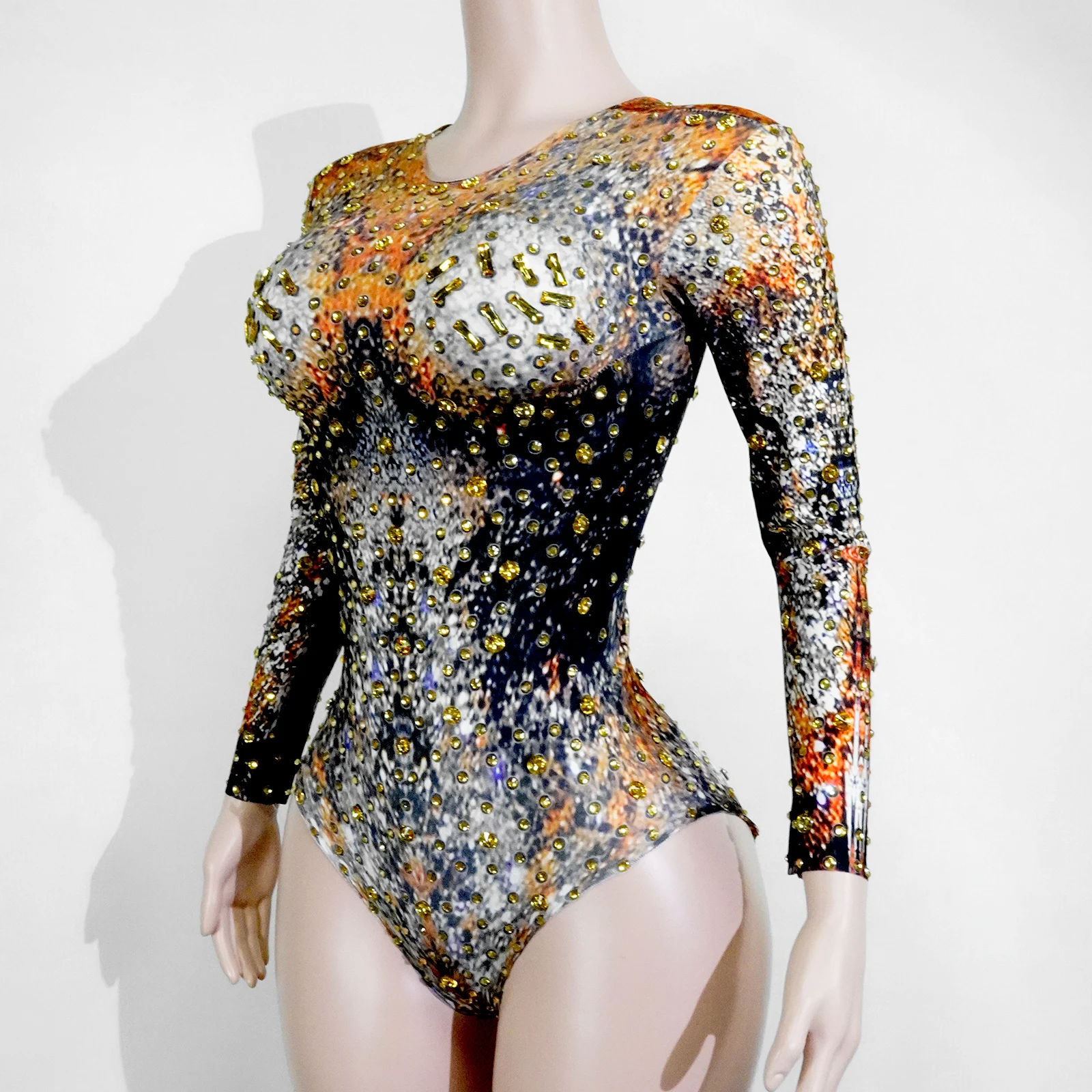 Body en cristal scintillant à manches longues, imprimé léopard, Sexy, Club, fête, Bar, anniversaire, Drag Queen, pôle danse, chanteur, vêtements de Festival