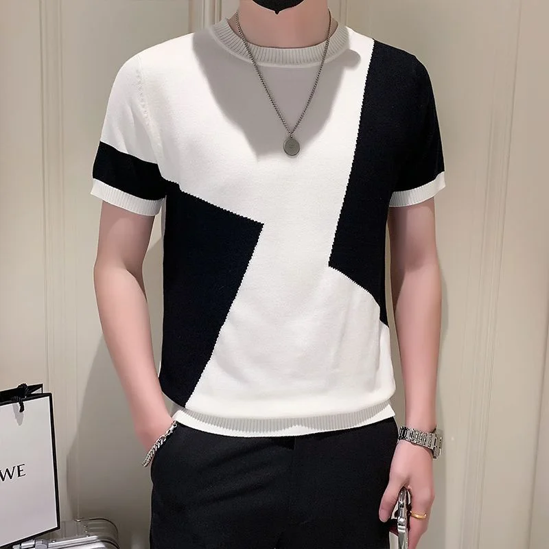 Men's Color Blocked Breathable Short Sleeve Summer New Product All Match Micro Elastic Fashion Knitted T-shirt Top