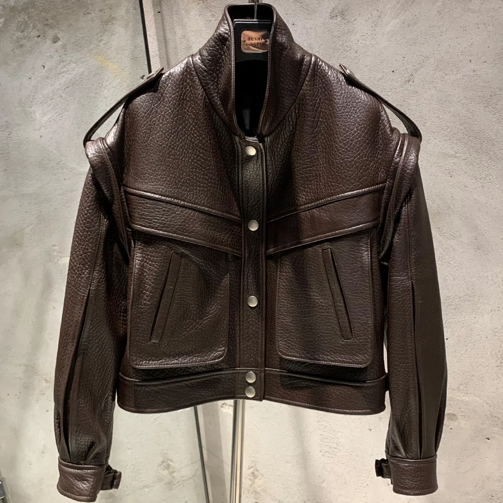 Grained Leather Jacket Ladies Biker Leather Coat Detachable Sleeve Bomber in Sheepskin H021