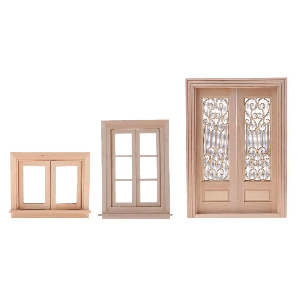 1 12 Wooden Door Window Double Frame Hollow Screen Dollhouse Miniatures Furniture for Doll House Decoration