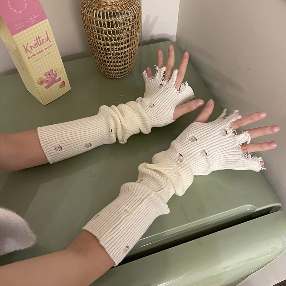

Fashion Elastic Subculture Gloves Punk Wrist Cuffs Y2K Fingerless Oversleeve Hollow out Colorful Ripped Knitted Sleeves Lolita