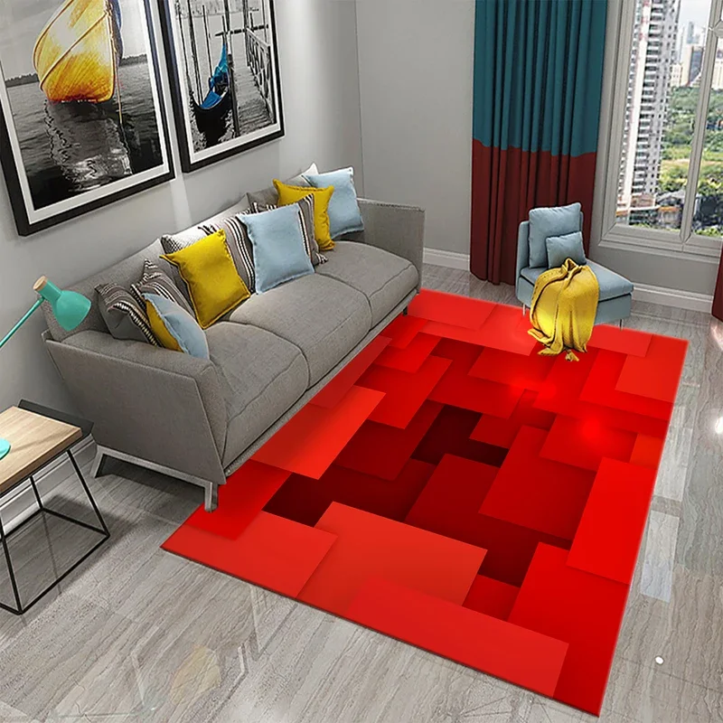 Red 3D Abstract Carpet Modern Geometric Rug for Women Adults Spatial Geometry Art Rugs Bedroom Living Room Area Decor Floor M#0@