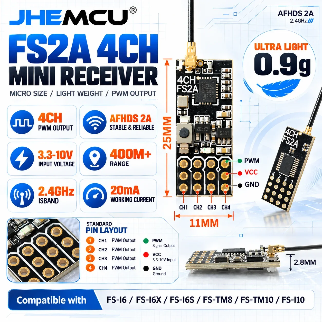 JHEMCU 2.4GHZ FS2A 4CH AFHDS 2A Mini Receiver PWM Output for Flysky I6 I6X I6S FS-I6 FS-I6X FS-I6S RC Transmitter Model Parts