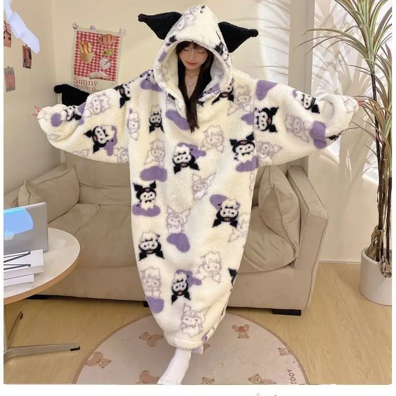 Sanrios Kuromi Pajama Skirt Anime Cartoon Woman Autumn Winter Plush Robe Home Wear Keep Warm Girl Long Style Oversized Nightgown