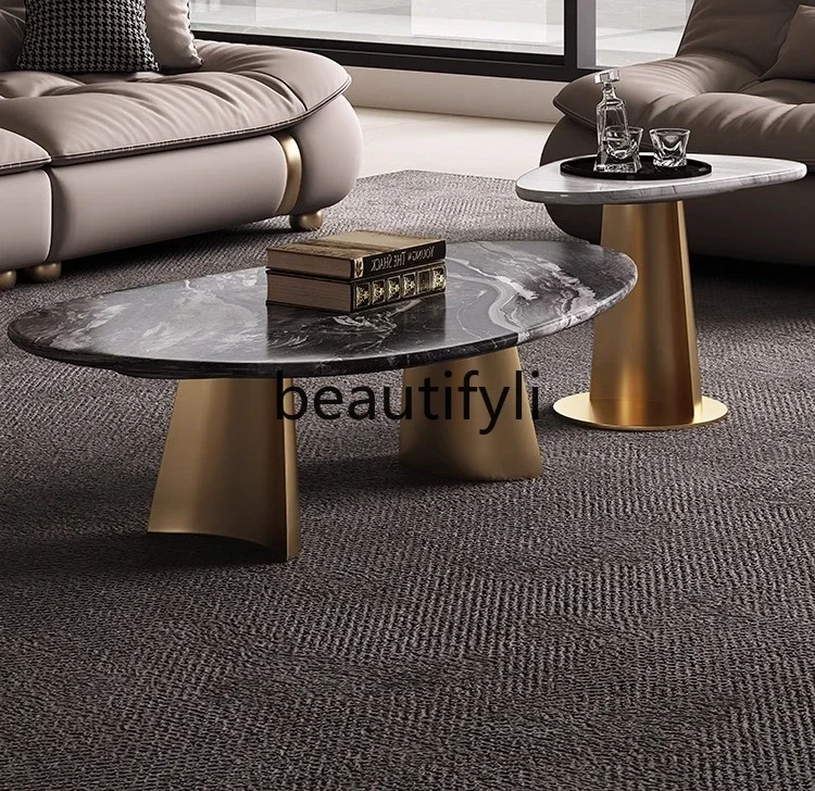 

LJYHigh-end Modern Italian Style Coffee Table Marble Large Flat Stainless Steel Oval Living Room Home Use