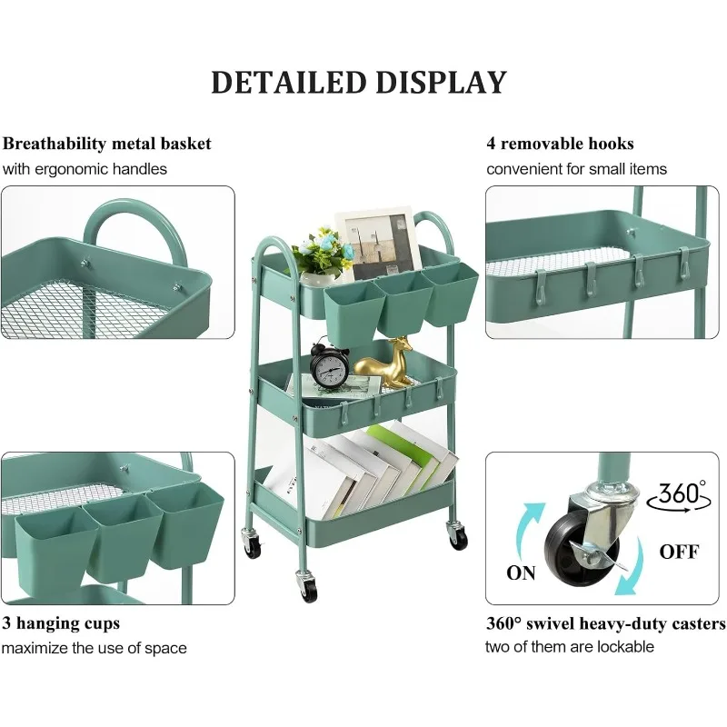 3-Tier Rolling Cart, Metal Rolling Storage Cart with Lockable Wheels  Hanging Cups  Hooks, Mobile Trolley Cart for Kitchen