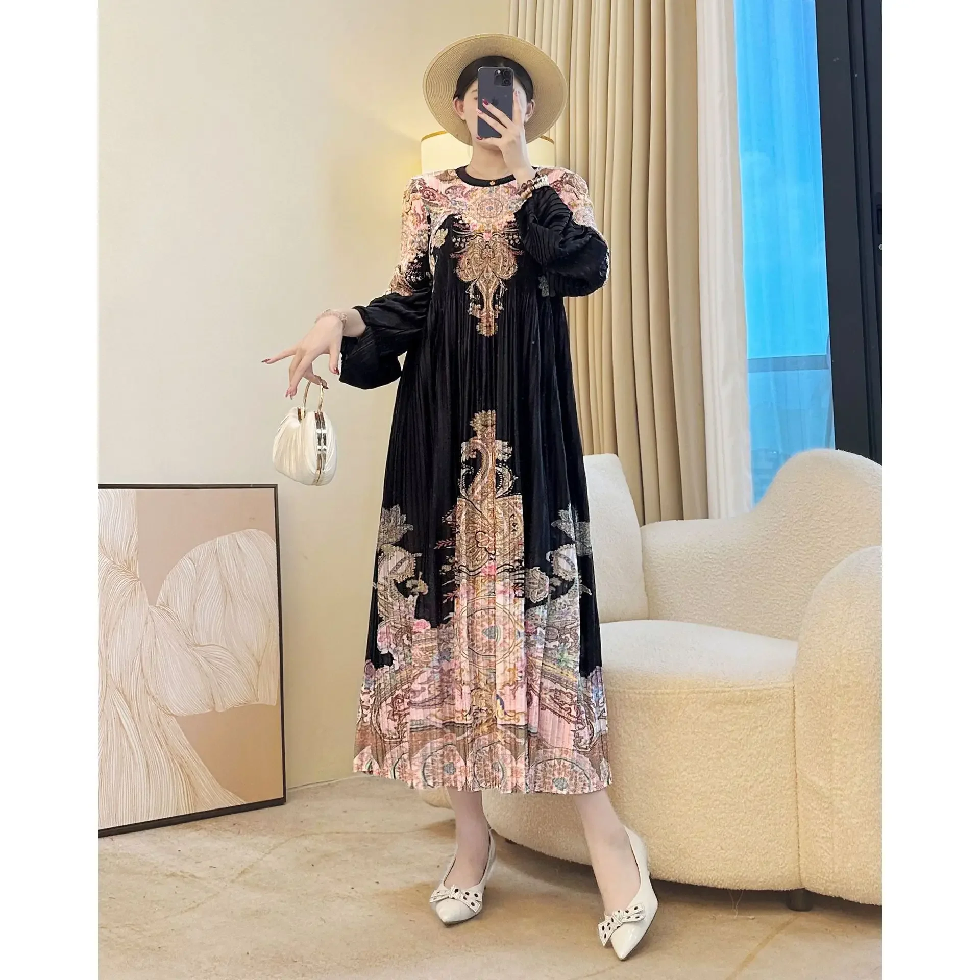 

Miyake Women Pleated Satin Midi Dress - Cream Floral Embossed Long Sleeves, Printed Pleated Skirt Spring 2026 - Brunch Date Wear