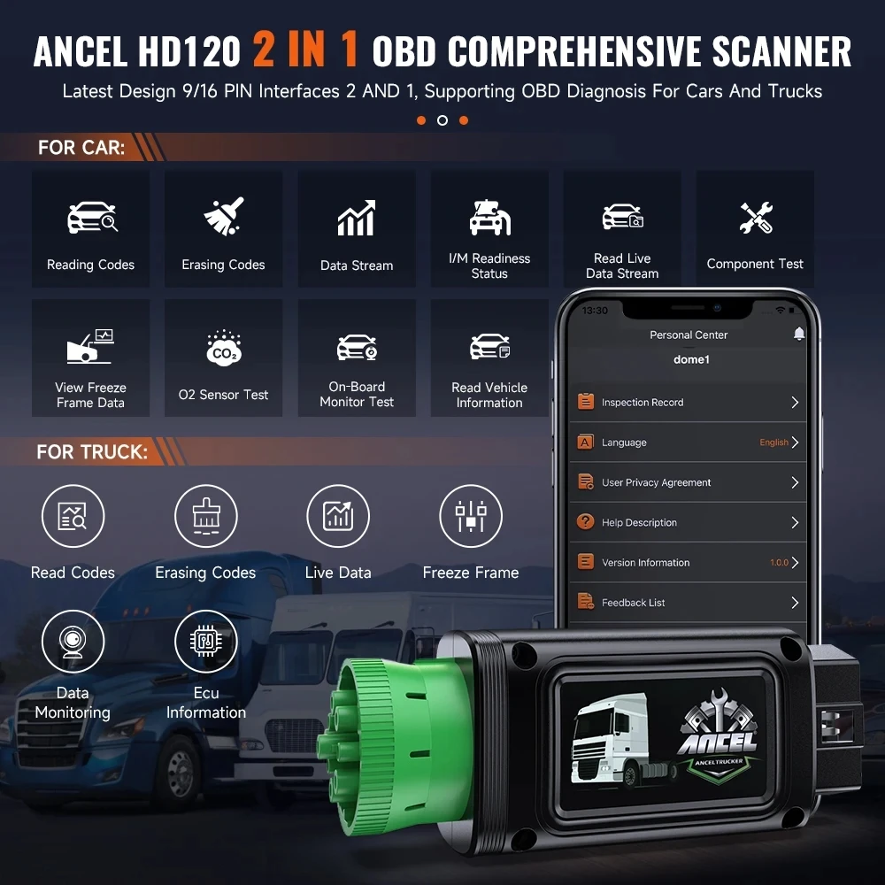 ANCEL HD120 Bluetooth Heavy Duty Truck Scanner All System D.P.F Regen Diesel Truck Scan Diagnostic Tool for Volvo International