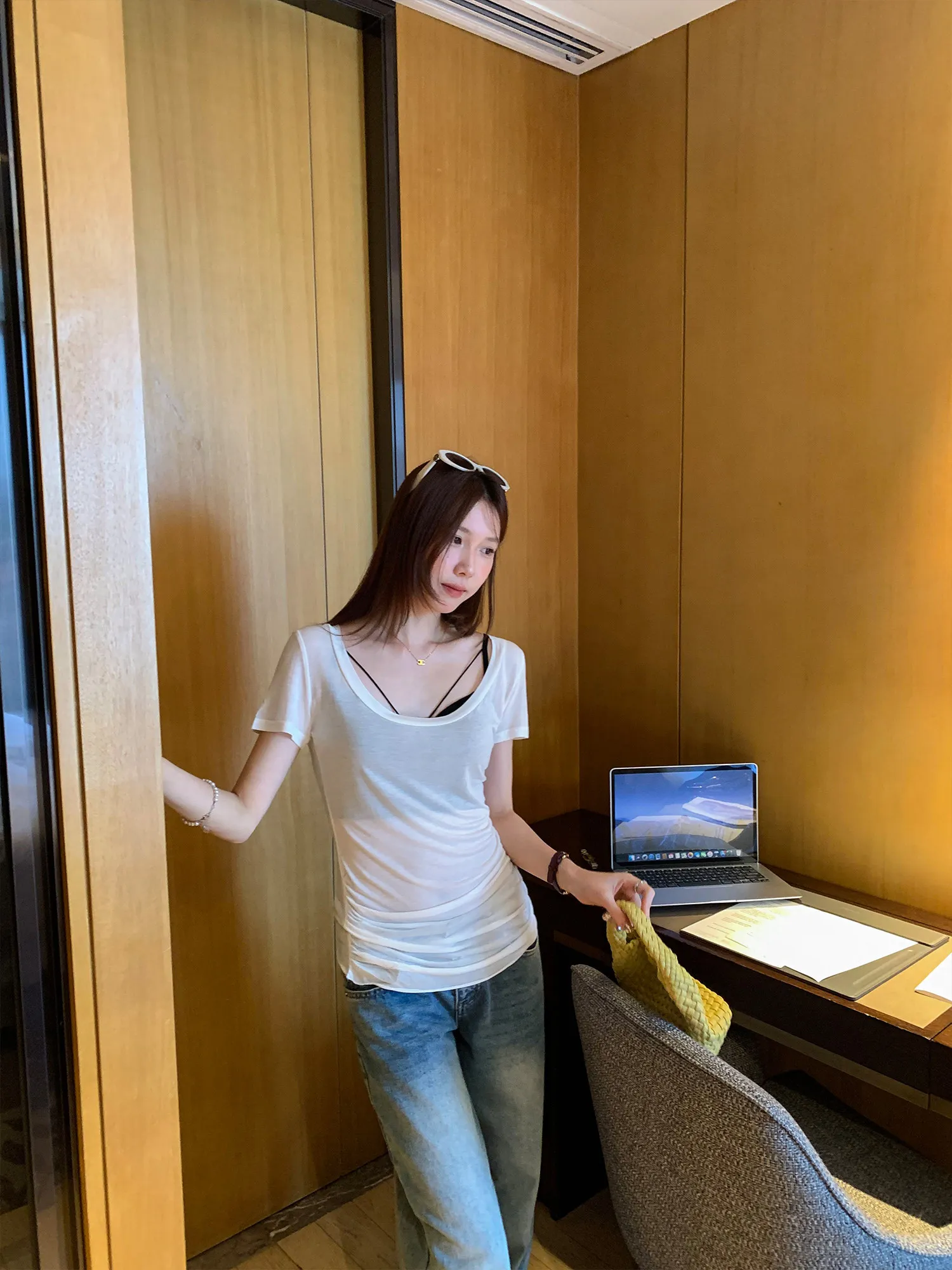 Sexy Short Sleeve U-Neck T-Shirt Women's Summer New Folded Waist Thin Transparent Slimming Top Soft Comfortable Rigid Fiber