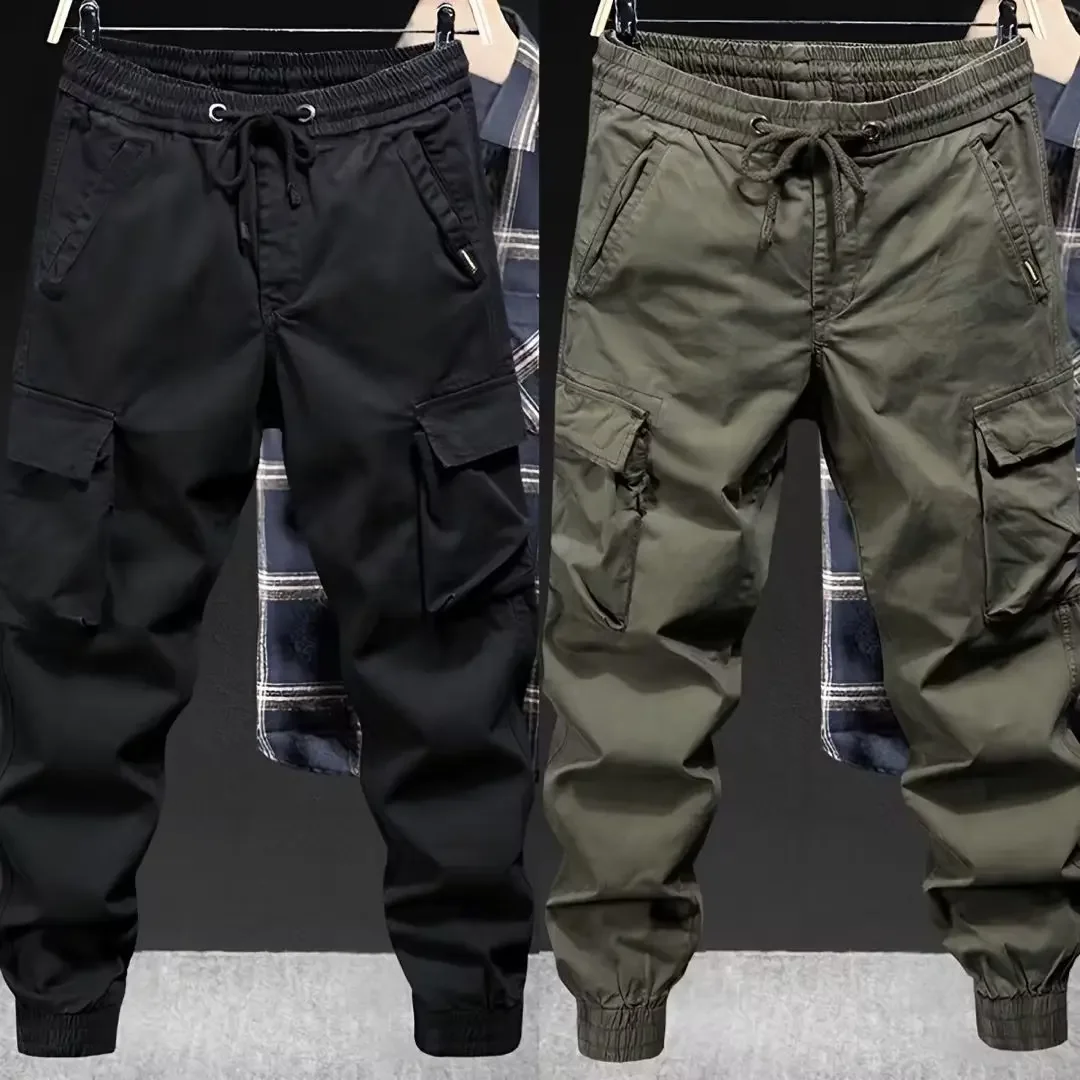 Male Drawstring Elastic Waist Cargo Jogger Pants Loose Multi‑Pocket Solid Color Trousers Outdoor Casual Long Pants Spring Autumn