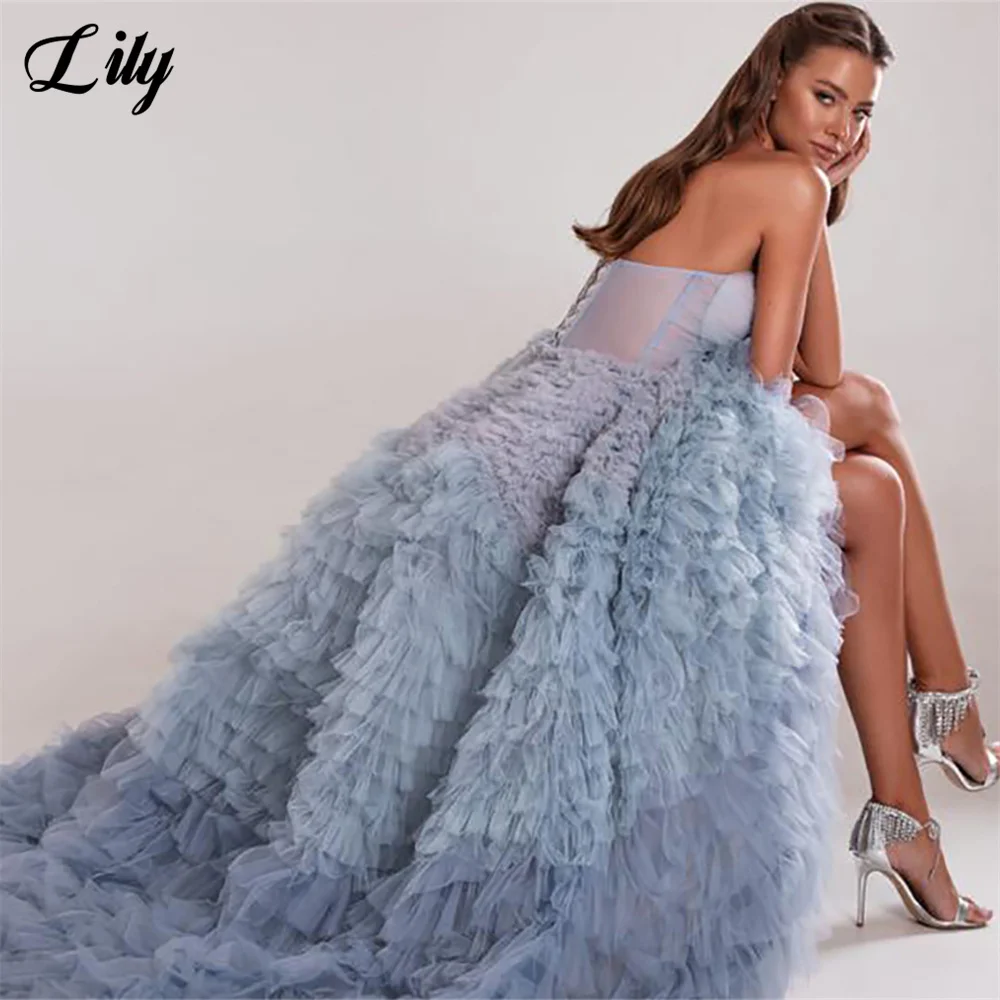 Lily Dusty Blue Sweetheart Evening Dresses Sleeveless Net Charming Prom Dresses Tiered Layer Party Dresses vestidos de noche