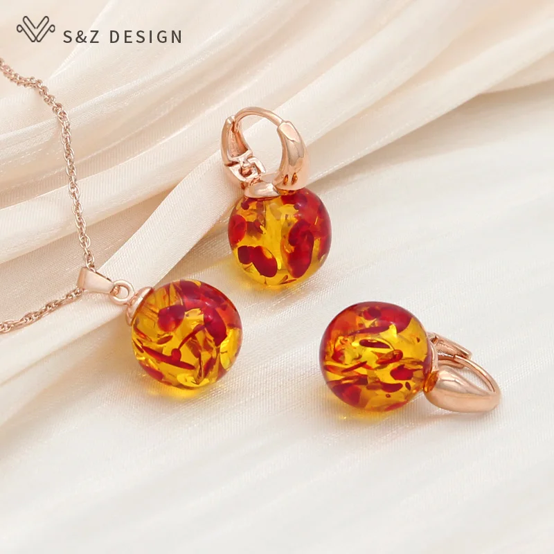 S&Z DESIGN New Elegant Round Flower ambers Dangle Earrings Jewelry Sets For Women Personality Party Jewelry Pendant Necklace