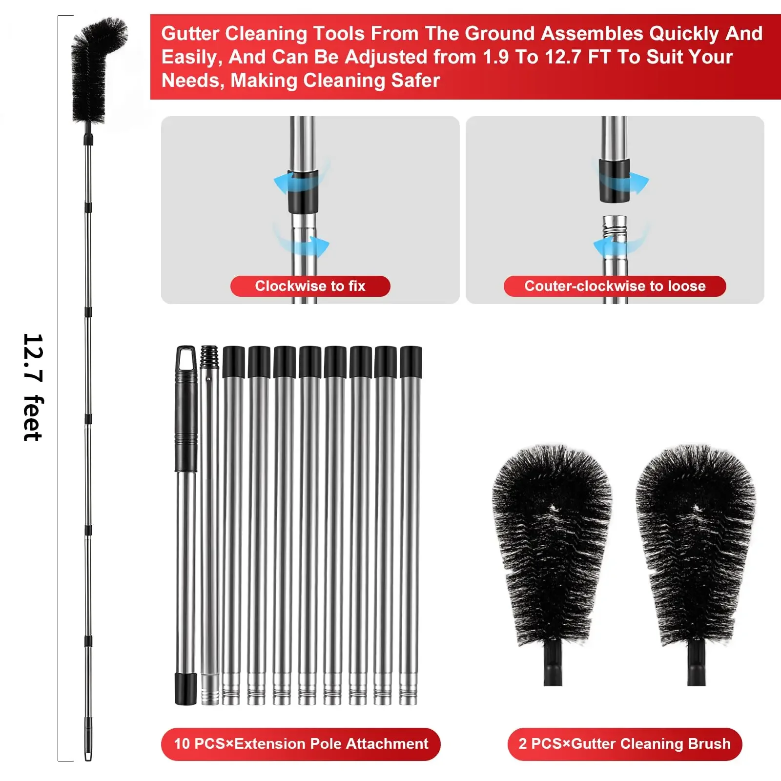 Gutter Cleaning Tools from the Ground - 12.7FT Long Adjustable gutter Cleaner & Brush, no Ladder Needed | Tool Out