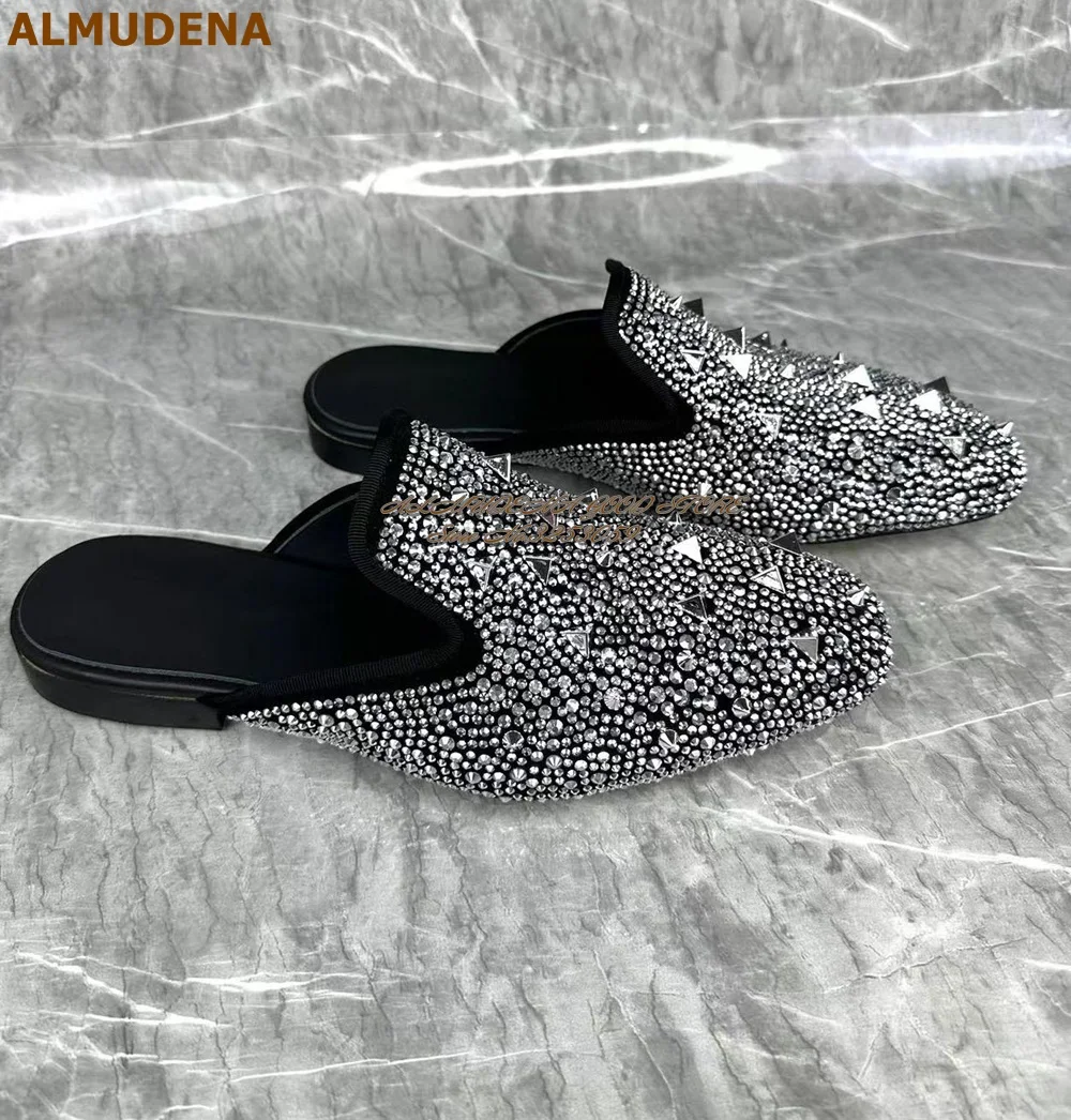 ALMUDENA Bling Bling Silver Crystal Flat Slippers Metallic Rivets Loafers Slip-on Glittering Rhinestone Dress Shoes