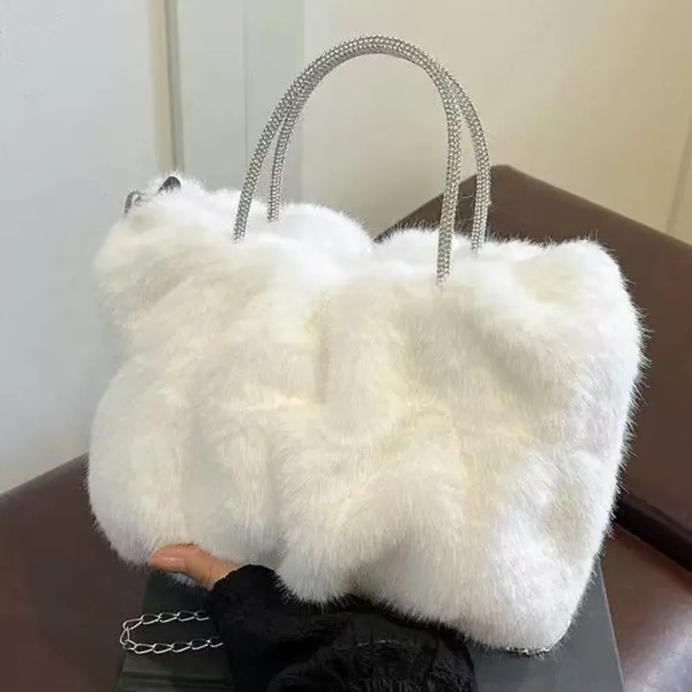 

Сумки из искусственного меха со рюшами для женщин, сумки и кошельки с ручкой со стразами, пушистая плюшевая сумка на плечо, мягкая теплая сумка через плечо с клапаном, новинка