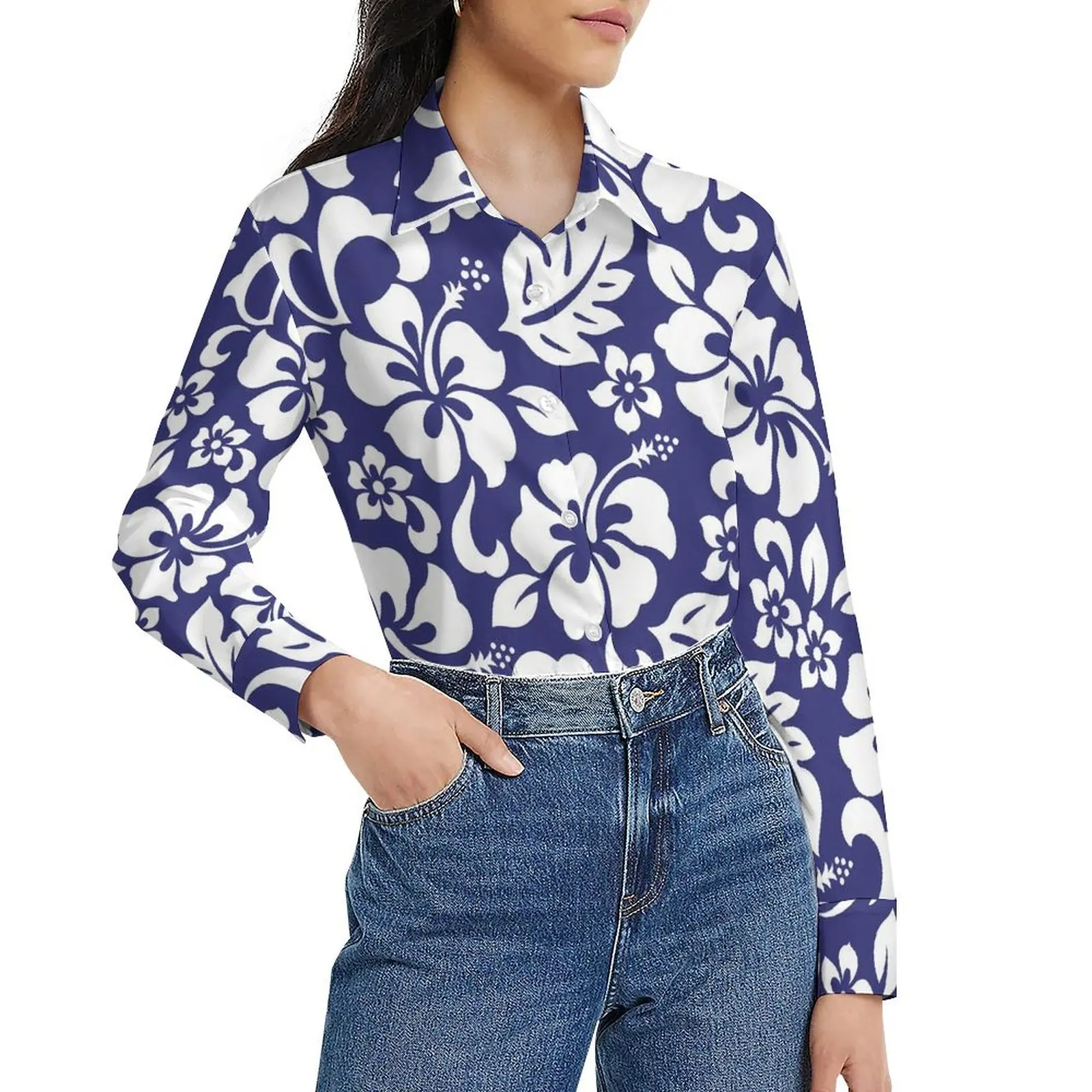 

Tropical Flower Blouse Long Sleeve Hawaiian Hibiscus Aesthetic Blouses Womens Street Wear Oversized Shirts Custom Top Gift