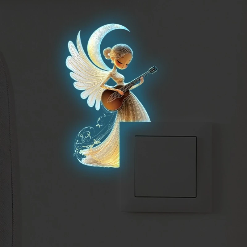 Glow In The Dark Wall Sticker Moon Angel Playing Guitar Elf Decal For Switch Socket Home Bedroom Art Mural Decor