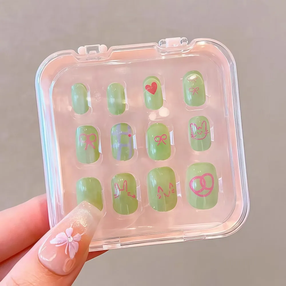 12pcs Cartoon Children Wearing Nails Detachable Cherry Bow Press on Nail Jelly Gel Waterproof Long Nail Sticker Girls Students